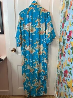 Turquoise Floral Fan Print Long Kimono Robe